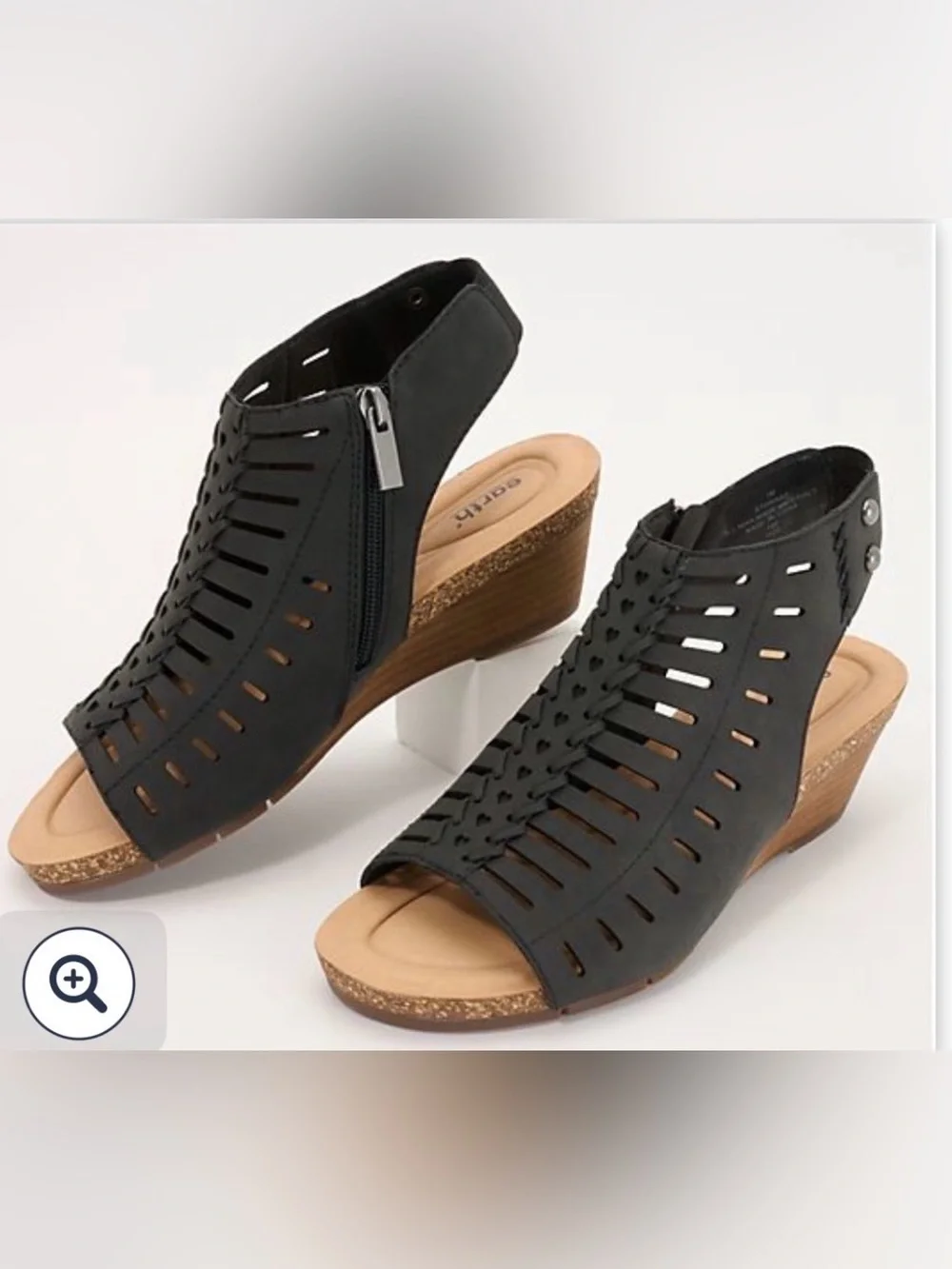 Earth Black Laser-Cut Peep Toe Wedge Sandals